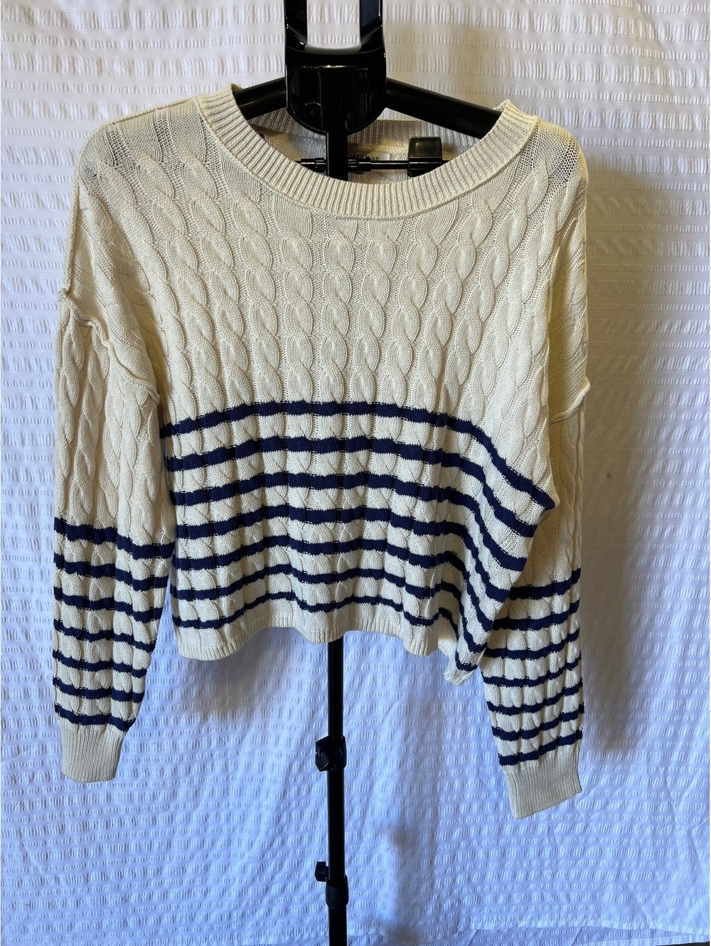 Hooked Up XL Ivory Navy Cable Knit Striped Sweater Oversized Cropped Pullover